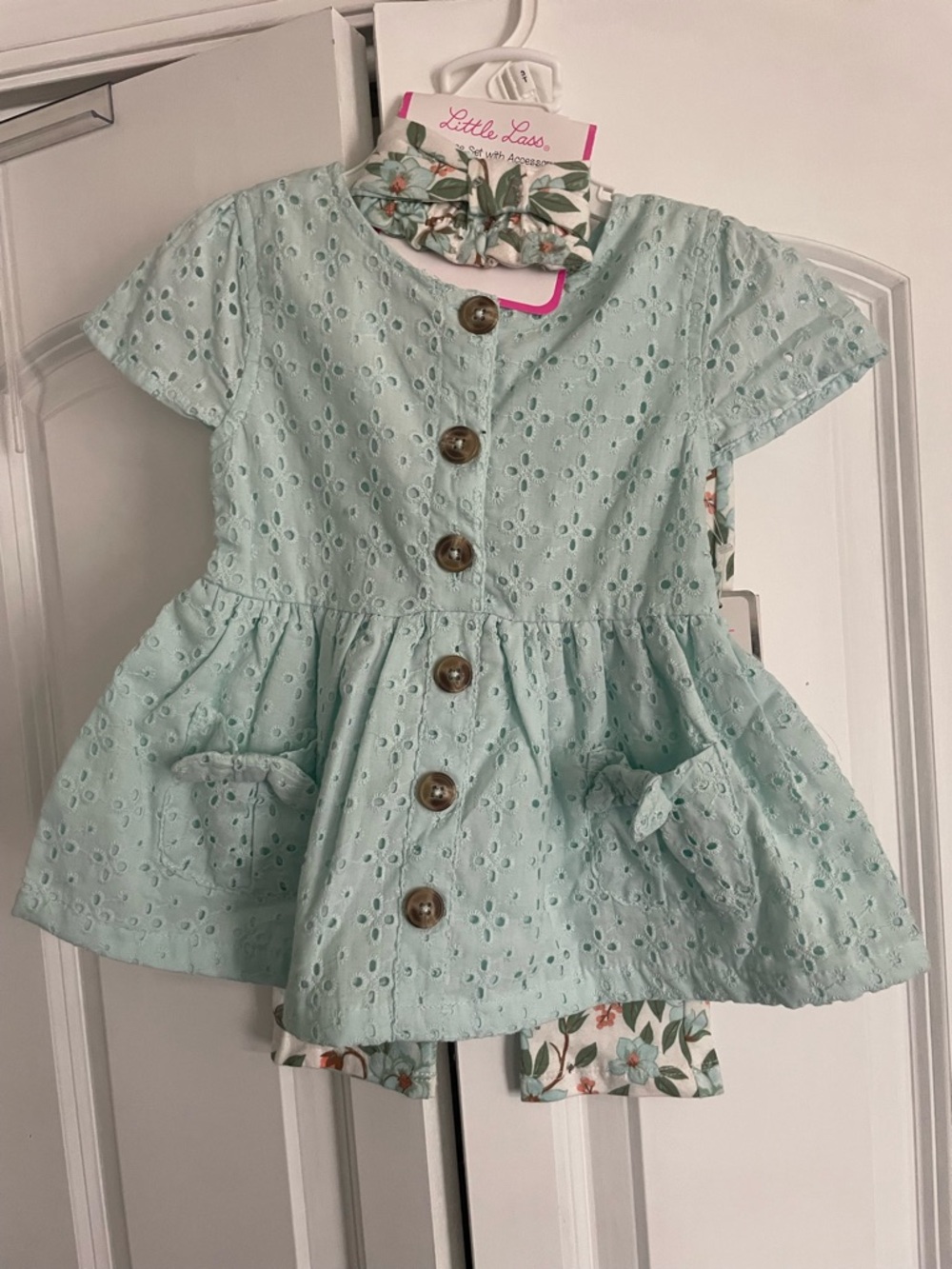 Little Lass Mint Eyelet Button-Front Dress with Floral Bow